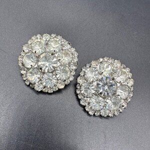 Vintage Clip On Earrings Mid Century Rhinestone Sparkly Silver Round Jewelry